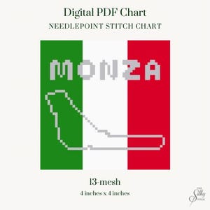 Könnte beinhalten: Digitales PDF-Stickmuster mit der italienischen Flagge, dem Wort "MONZA" und einer Streckenkontur. Das Design ist 10 cm x 10 cm groß.