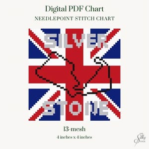 Könnte beinhalten: Digitales PDF-Stickmuster mit Union Jack-Design und den Worten "Silver Stone". Das Muster ist 10 cm x 10 cm groß und hat 13 Maschen.
