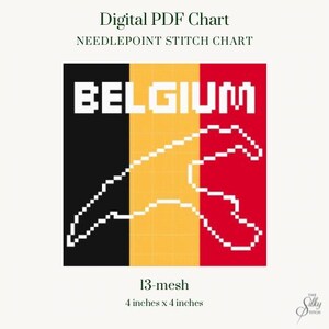 Könnte beinhalten: Digitales PDF-Diagramm für Nadelmalerei mit dem Wort "BELGIUM" in weißen Blockbuchstaben. Das Design zeigt einen weißen Umriss der Landesform auf einem schwarzen, gelben und roten Hintergrund. Das Diagramm misst 10 cm x 10 cm.