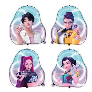 May include: Four cartoon character stickers. Each sticker features a different person with unique hairstyles and outfits. The characters are set against a light blue and white background with a pear-shaped outline.