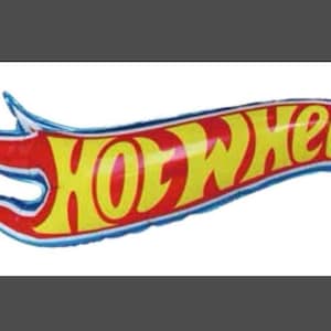 May include: The Hot Wheels logo, a stylized flame design, is prominently displayed. The logo features the word "Hot Wheels" in yellow, outlined in red, with a blue border. The design is a classic symbol of the toy car brand.
