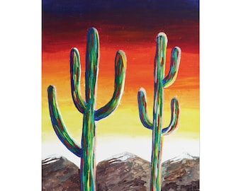Arizona Saguaro Cactus Sunset  | Desert Landscape Acrylic Digital Art Print