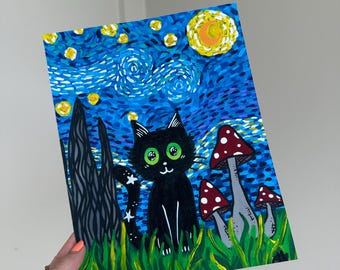 Van Gogh Style Black Cat Print | Starry Night Mushroom Cottagecore Wall Art