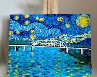 Wabasha Minnesota Bridge Art Print | Van Gogh Starry Night Style | Mississippi River Wall Art