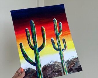 Tucson Sunset Saguaro Cactus Print, Desert Southwest Boho Wall Art