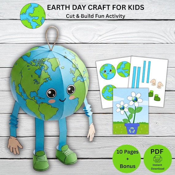 Earth Day Craft for Kids Printable 3D Earth Craft Activities Bundle DIY Cut and Paste Build Activity Kindergarten Classroom Homeschool PDF