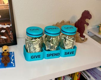 Custom Color Give Spend Save Bank (Mason Jars EXCLUDED) | 3D Printed Bright Color Kids Mason Jar Holder | Durable Children's Money Tool