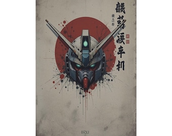 Gundam-mecha-helmposter opgerolde posters | Japanse zon, kanji-kunstafdruk