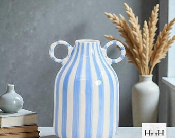 Striped Ceramic Vase with Double Handles – Modern Home Decor – Colourful Art Vase Styling