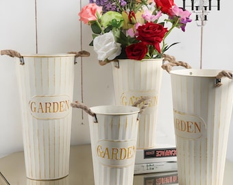 Cubo de metal vintage para flores, jarrón rústico de hierro, decoración de granja, maceta alta