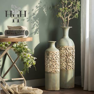 Vintage Rustic Metal Floor Vase, Tall Farmhouse Statement Decor, Large Decorative Accent