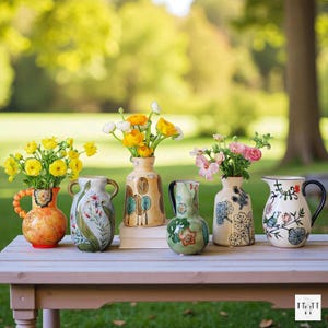 Könnte beinhalten: Sechs dekorative Keramikvasen, jede mit bunten Blumen gefüllt, stehen auf einem hellen Holztisch. Die Vasen weisen unterschiedliche Designs und Farben auf, darunter florale und abstrakte Muster. Der Hintergrund ist ein verschwommenes Grün, was auf eine Umgebung im Freien hindeutet.