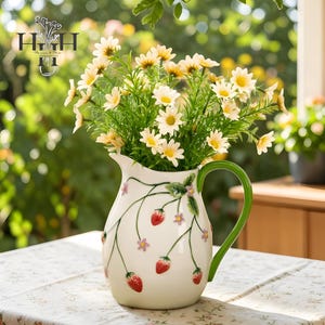 Jordgubbs-keramisk kanna handmålad blommig mjölkkanna vattenbehållare blomvas