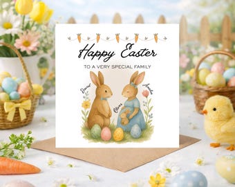 Personalised Bunny Family Easter Card, Watercolor Bunnies, Custom Spring Greeting