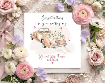 Personalised Wedding Card, Vintage Car, Watercolor Florals, Mr & Mrs Name, Date