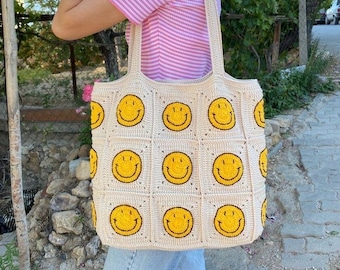 Crochet Smiley Face Tote Bag Handmade Emoji Shoulder Bags