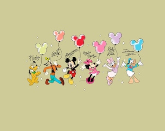 Firmas retro de Mikey y sus amigos PNG, descarga de globos de Disneyland, personajes de Disneyworld Minnie Goofy Pluto a juego para el viaje a Disneyland