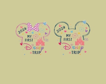 Mi primer viaje a Disneyland 2026 PNG para niños pequeños, descarga digital de Disneyworld para niños, Minnie y Mikey en su primer viaje a Disneyland, vacaciones familiares a juego