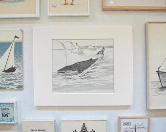 Matted Vintage Whale Illustration | Nautical Wall Art for Lake House | Coastal Ocean Animal Art for Library or Boys Room Decor