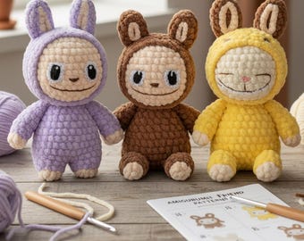 Conejito Labubu Sonriente en PDF de crochet • Tutorial de monstruo amigurumi de peluche
