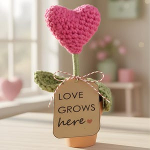 May include: A crochet flower with a pink heart-shaped bloom, green stem and leaves, and a small terracotta pot. A brown tag with the words "LOVE GROWS here" is tied to the flower with red and white twine. A charming handmade gift.