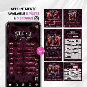 Weekly Available Appointments Booking Schedule instagram story & posts Beauty Business Monthly Availability Calendar Template