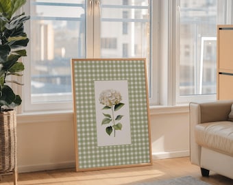 Green Hydrangea Print, Gingham Floral Art, Vintage Farmhouse Style, Nancy Meyers Inspired | Digital Print
