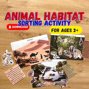 May include: An educational animal habitat sorting activity for ages 3+. The set includes cards labeled "Desert", "Rainforest & Jungle", and "River", with corresponding animal cutouts. The text "Animal Habitat Sorting Activity" is displayed at the top.
