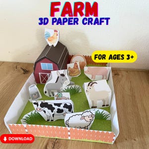 May include: A 3D paper craft farm scene with a red barn, farm animals, and the text "FARM 3D PAPER CRAFT" in red and blue. The scene includes a cow, sheep, pig, goat, donkey, and chicken. The text "FOR AGES 3+" is also visible.