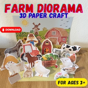May include: A colorful 3D paper craft farm diorama with various farm animals and structures. The scene includes a red barn, windmill, tractor, and a variety of animals. The text "FARM DIORAMA 3D PAPER CRAFT" is displayed at the top. The text "DOWNLOAD" is in a red button.
