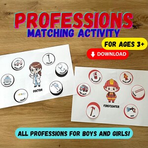 Atividade Montessori de Correspondência de Profissões | Folha de Atividades para Imprimir com Código de Cores | Profissões para Meninos e Meninas | Aprendizado Pré-escolar para Crianças Pequenas