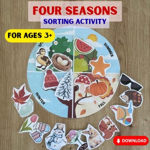 Könnte beinhalten: Ein kreisförmiges Vier-Jahreszeiten-Sortierspiel mit Beschriftungen für Frühling, Sommer, Herbst und Winter. Das Spielbrett enthält bunte Illustrationen von saisonalen Objekten wie einer Ente, einem Nest, einer Wassermelone, einem Seestern und einem Schneemann.