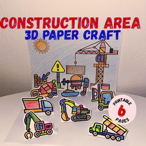 May include: A colorful 3D paper craft set with a construction theme. The image features a backdrop with a sun, crane, and construction site elements. Includes cut-out vehicles like a dump truck, excavator, and cement mixer. Text reads "CONSTRUCTION AREA 3D PAPER CRAFT".