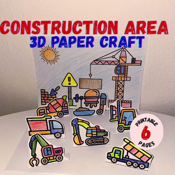 Construction Zone Paper Craft – 3D Kids Activity, Cut & Glue (PDF Download)