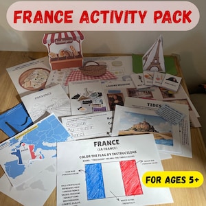 Könnte beinhalten: Ein Frankreich-Aktivitätspaket mit verschiedenen Lernmaterialien. Enthält einen Papierturm, einen Bäckereistand, eine Frankreichkarte und Ausmalbilder der französischen Flagge. Geeignet für Kinder ab 5 Jahren.