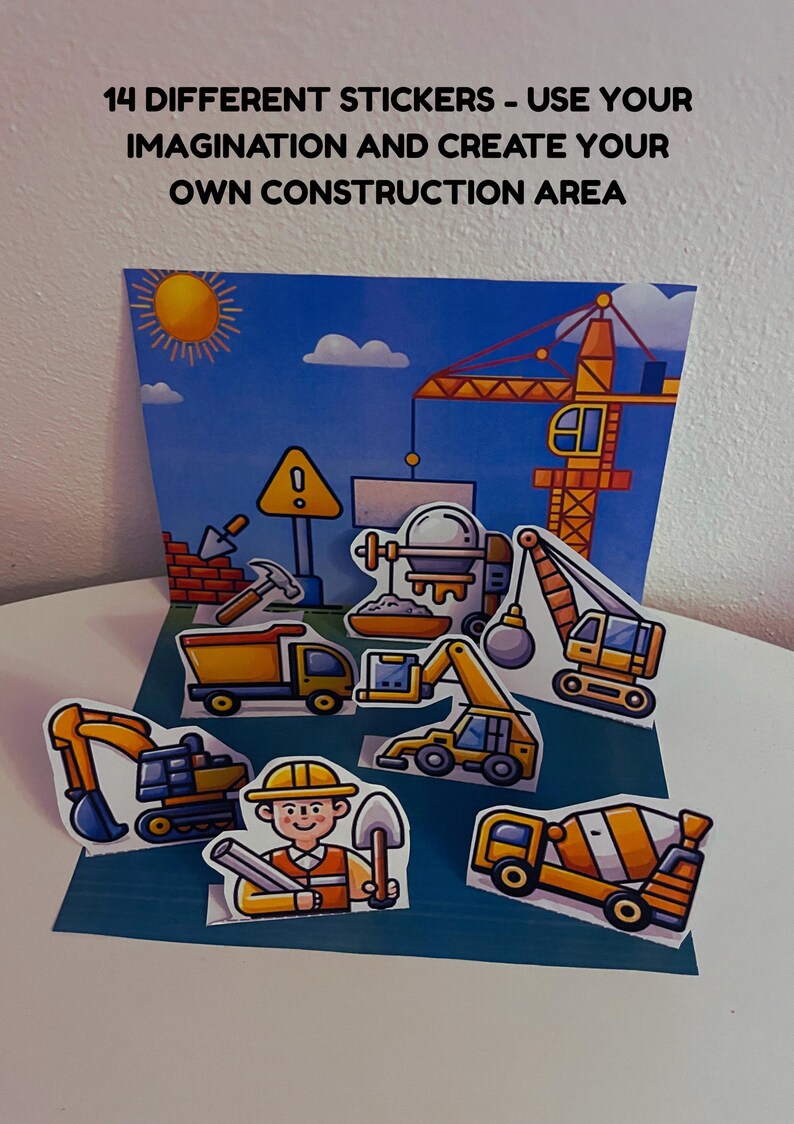 May include: A set of 14 construction-themed stickers with a blue background. The stickers include a crane, excavator, dump truck, and a construction worker. Text on the image reads: "14 DIFFERENT STICKERS - USE YOUR IMAGINATION AND CREATE YOUR OWN CONSTRUCTION AREA."