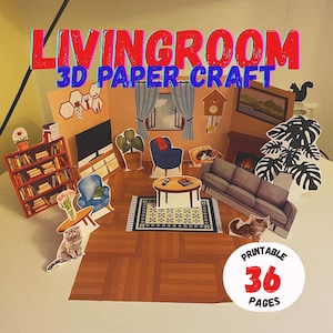 May include: A colorful 3D paper craft set labeled "LIVINGROOM" with various furniture and decor elements. Includes a sofa, chairs, a rug, and a fireplace. The set is advertised as "PRINTABLE" with "36 PAGES".