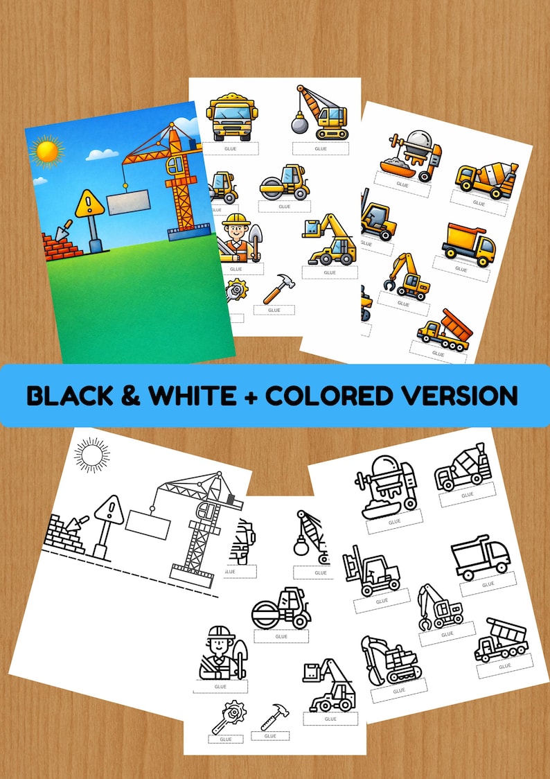 May include: Construction-themed printable activity sheets. The image shows a colorful sheet with a crane, truck, and other construction vehicles. The text "BLACK & WHITE + COLORED VERSION" is displayed. The black and white version is also shown.