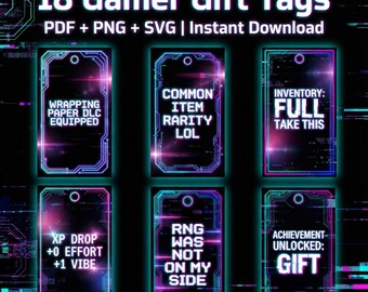 Etiquetas de regalo para gamers imprimibles / 18 etiquetas cyberpunk / PNG SVG PDF / Etiquetas de botín para gamers