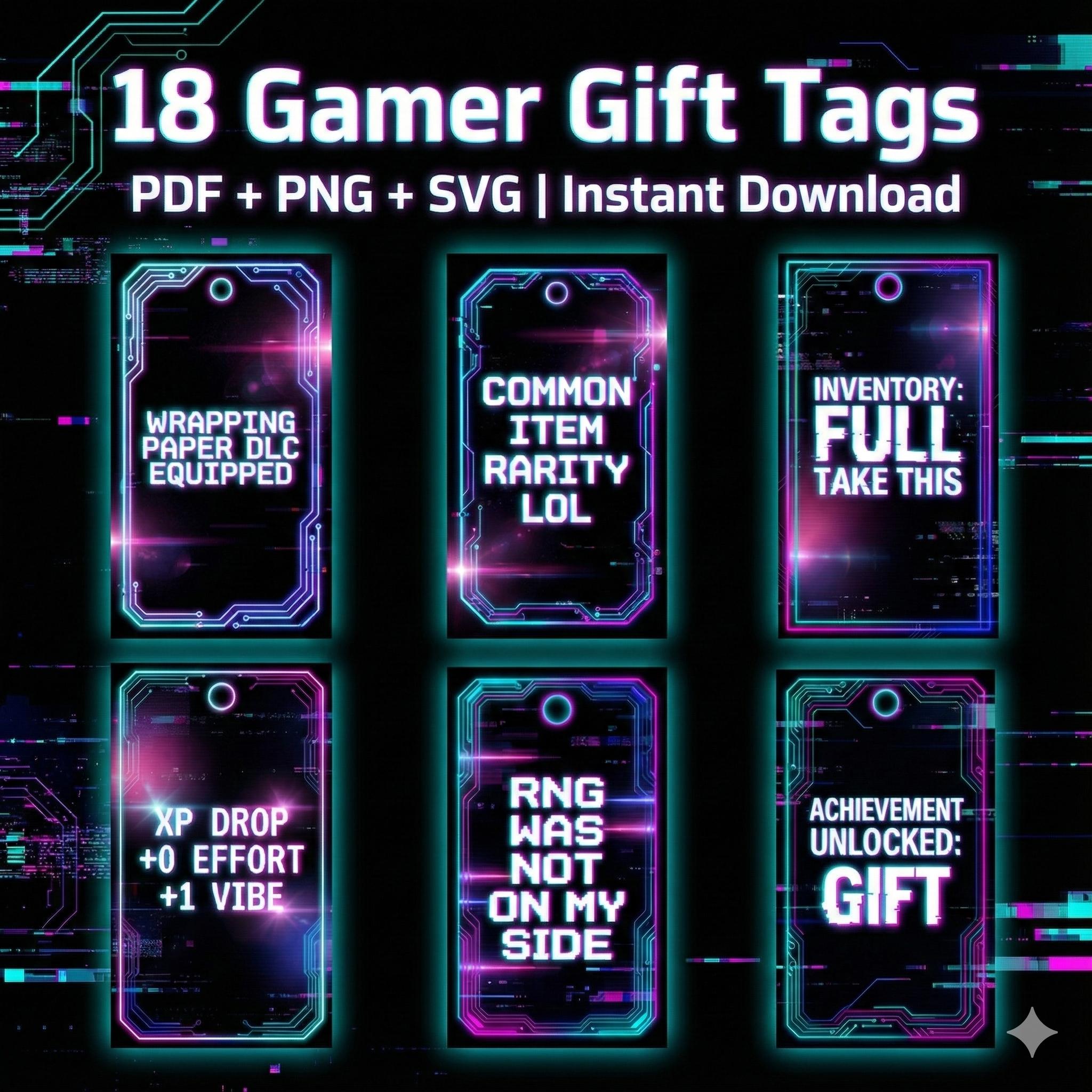 Gamer Gift Tags Printable Bundle | 18 Cyberpunk Tags | PNG SVG PDF ...