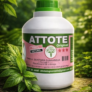 Może przedstawiać: Biała plastikowa butelka z zieloną nakrętką i różowo-zieloną etykietą. Etykieta głosi "ATTOTE Original" i "100% Naturel". Butelka otoczona jest zielonymi liśćmi.