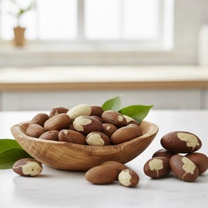 Puede incluir: Un cuenco de madera lleno de nueces marrones y tostadas, algunas con una mancha de color claro. Hojas verdes se colocan alrededor del cuenco. Las nueces están sobre una superficie blanca.