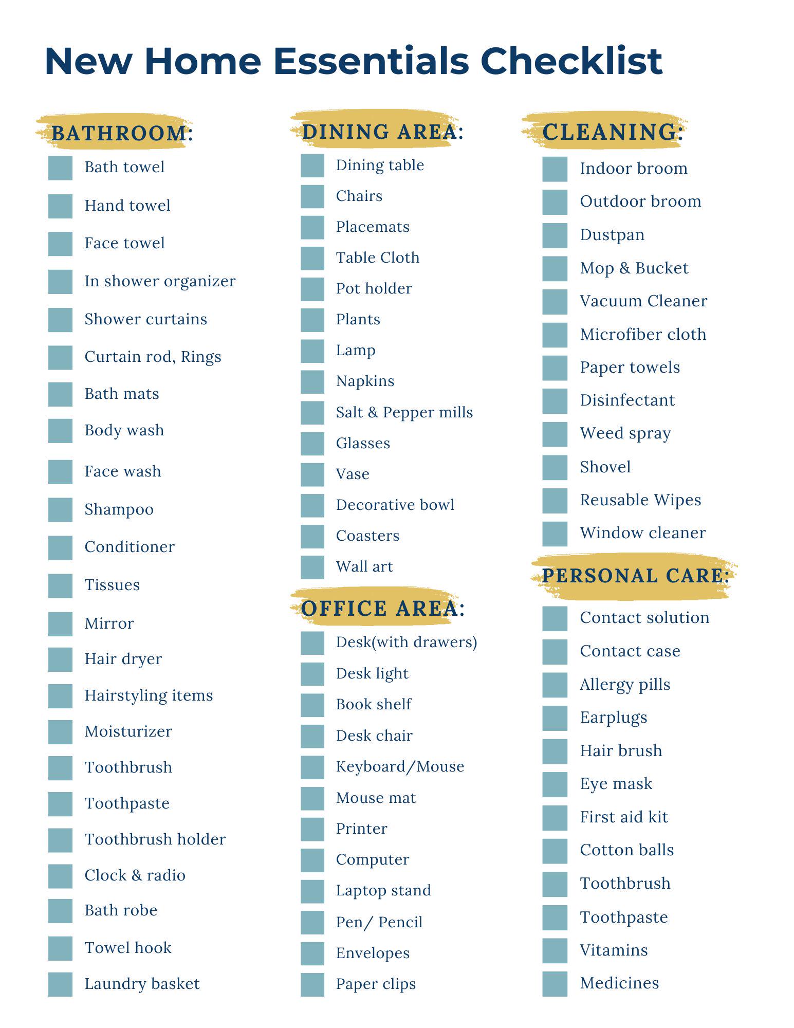 New Home Essentials Checklist Printable | Room-by-room New House Setup ...