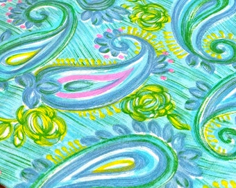 36"L x 36"W - Vintage Fabric - Mod Pink and Blue Paisley on Turquoise  - material - sewing supply - textile - Retro