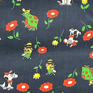 45&quot; x 44&quot;W - Vintage Fabric - MOD Frog, Turtle, Cat and Dog with Caps - Juvenile - material - Target Textile - sewing supply - Retro