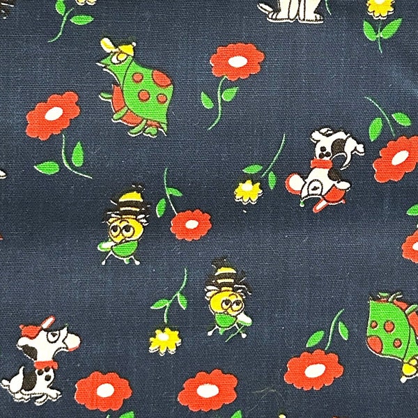 45" x 44"W - Vintage Fabric - MOD Frog, Turtle, Cat and Dog with Caps - Juvenile - material - Target Textile - sewing supply - Retro