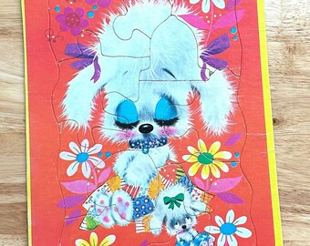 Vintage Puzzle - Frame Tray - Cute Furry Puppies & Groovy Flowers - Tee Pee Toys - 1970's - Retro Toy Puzzle - Made in the USA