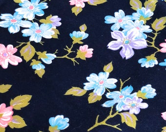 By the yard x 34"W - Vintage Fabric - Flowers - Turquoise & Pink on Blue - material - textile - sewing supply - Retro