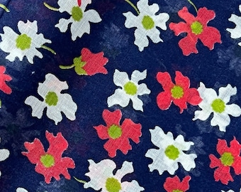 42"L x 44"W - Vintage Fabric - White and Red Flowers on Blue - 70's - material - textile - sewing supply - Retro