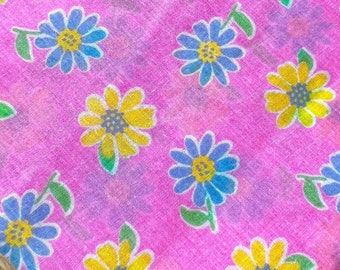 36"L x 44"W - Vintage Fabric - Yellow & Blue Daisies on Hot Pink - Bright Groovy Floral - 60's - material - textile - sewing supply